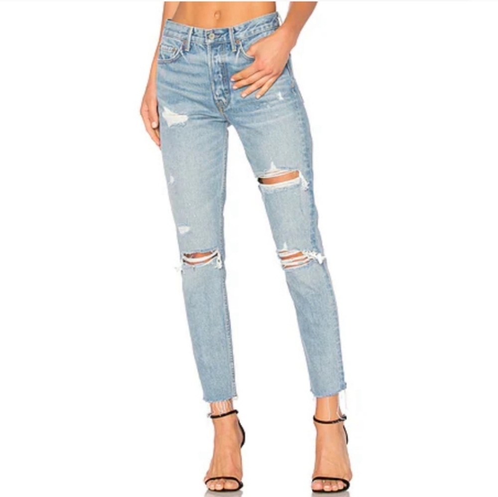 GRLFRND Light Blue Ripped Ankle Jeans